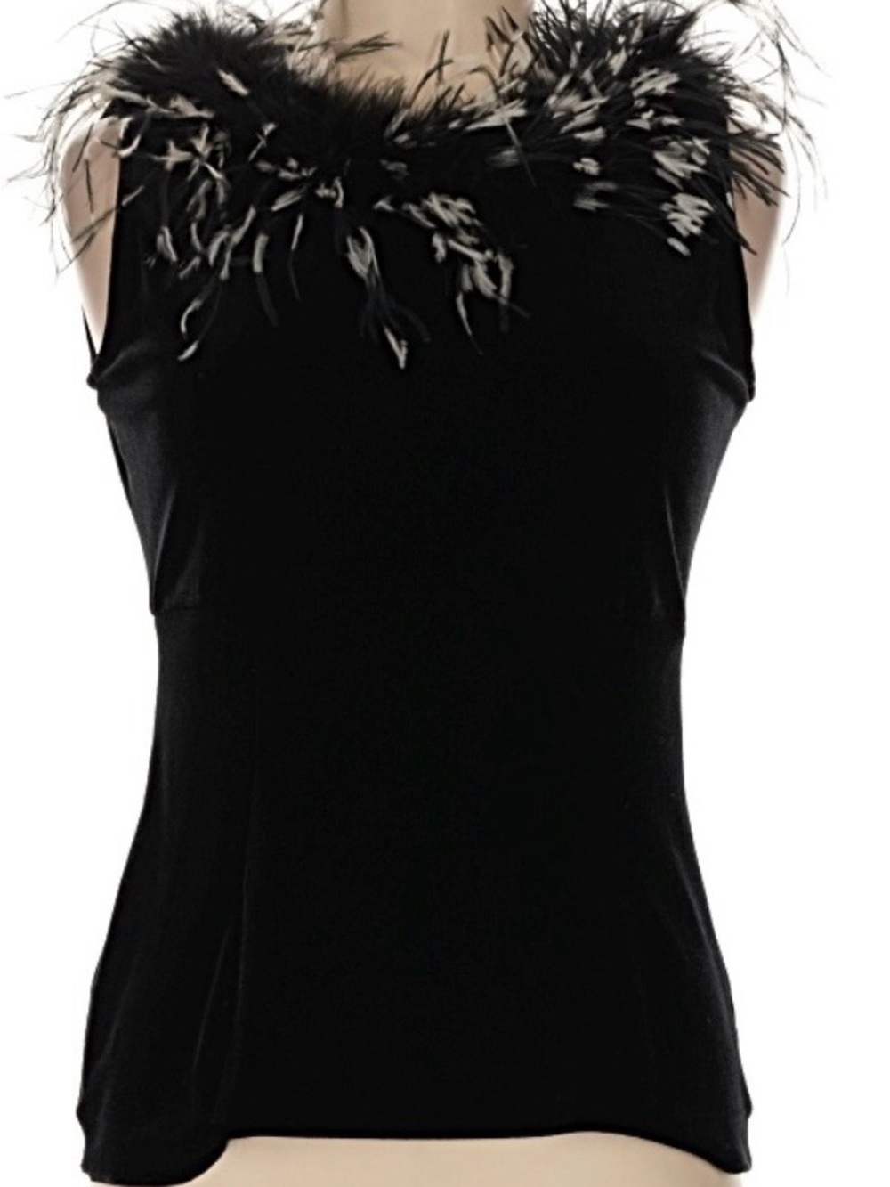 Sandra Darren Feather-Trim Black Sleeveless Tank Top